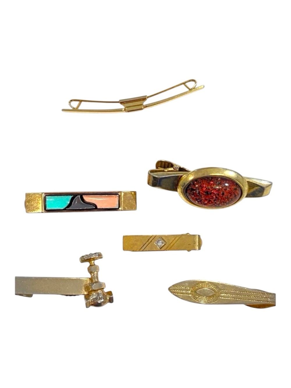 Vintage Men’s Tie Clip Lot 6 Gold Tone Mid Century Novelty Tie Bars Crane Clip